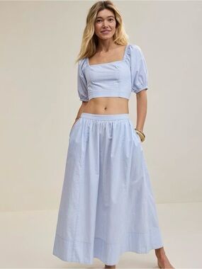 aerie Light Blue Cropped Bustier Puff-Sleeve Off the Shoulder Top